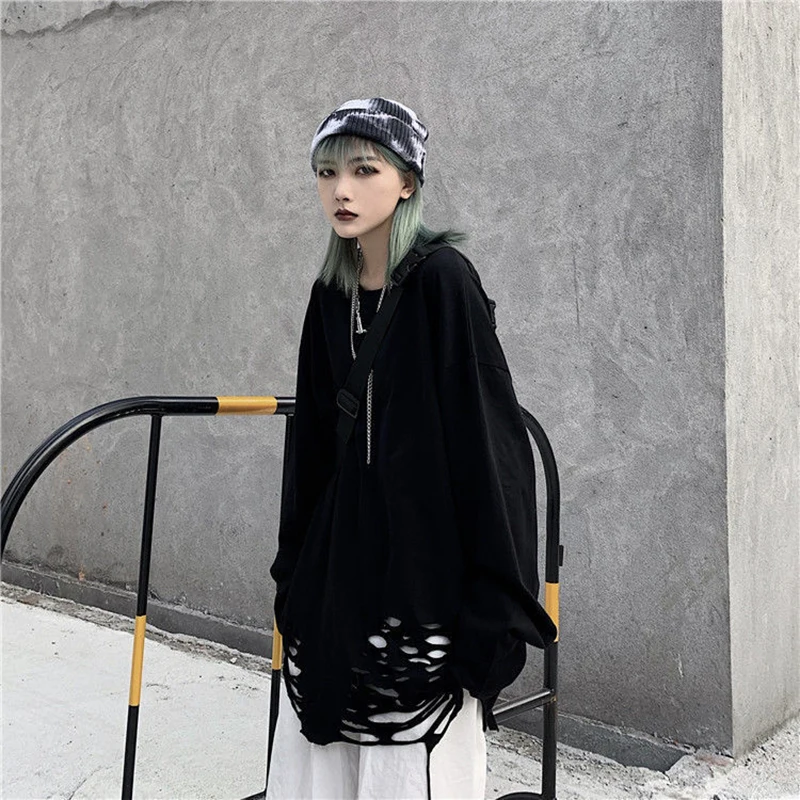 Футболка мужская с длинным рукавом рваная оверсайз в стиле хип-хоп панк 150 кг -