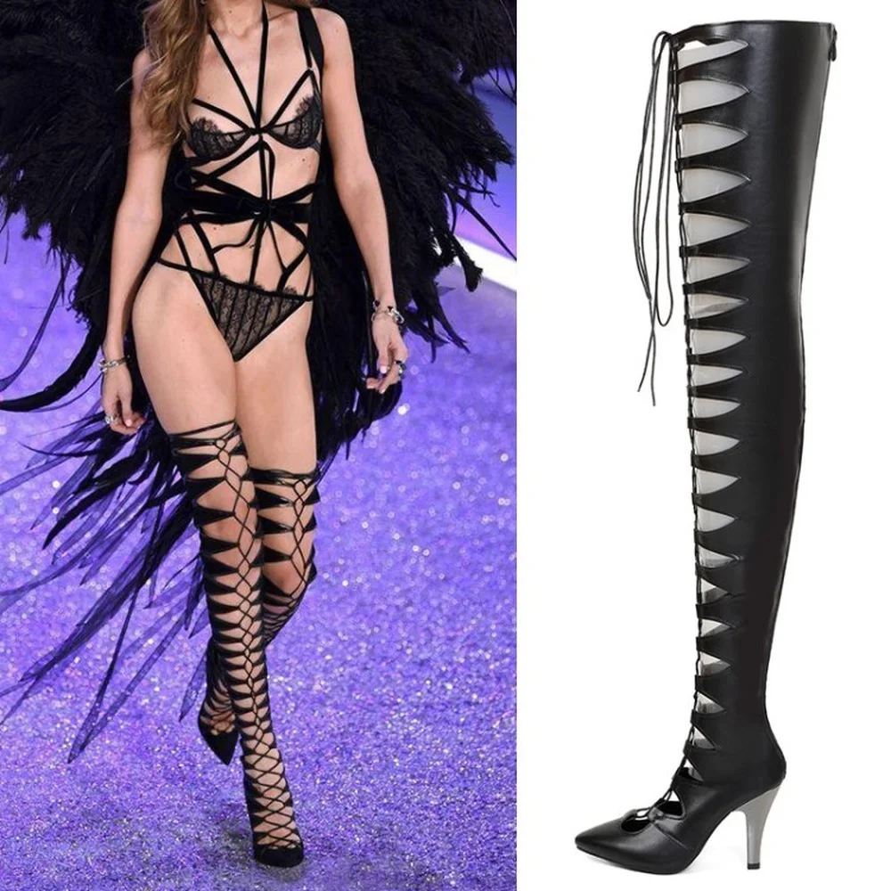 

Womens Punk Gladiators Over Knee Full Length 80cm Real Leather Sandals Boots Cut Out Roman Shoes Retro High Heel Black Sexy 2022