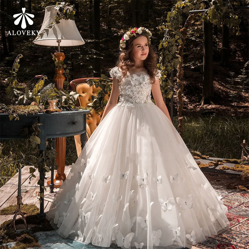 

Белое Тюлевое детское платье принцессы, платье подружки невесты с аппликацией для девочек, платья для девочек с цветами, бальное платье для ...