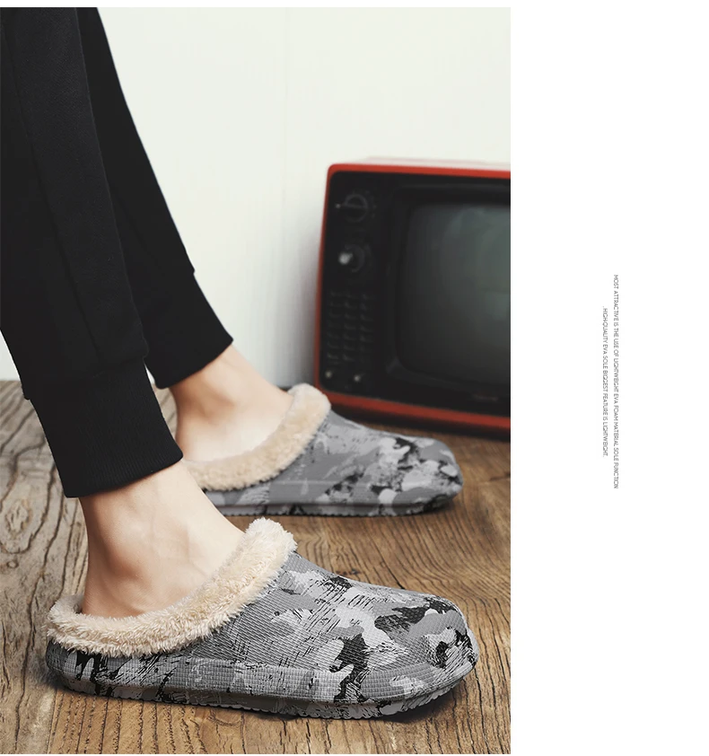 

Winter Indoor Cotton Mules Men's Slippers Men Flip Flop Khaki Graffiti Slides Shoes Warm Fluffy House Slipper Zapatos Hombre