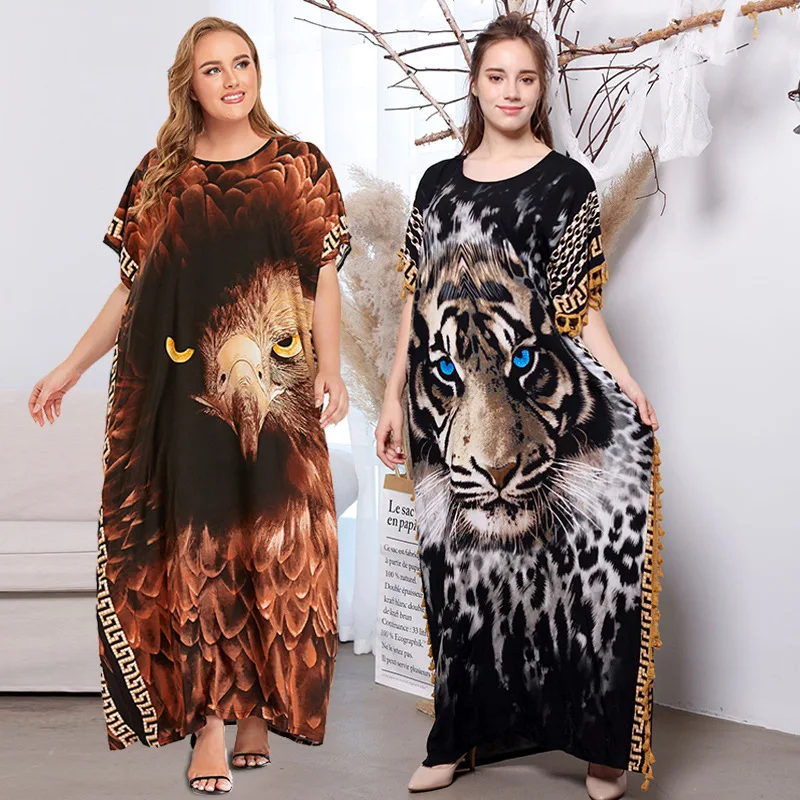 

African Dress Women Middle East Printed Short Sleeve Islamic Loose Casual Large Tunic Fashion Muslim Clothing Robe
