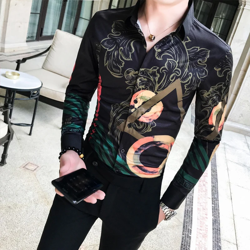 Рубашка с большим цветком для мужчин 2019 Осенний дизайнерский нарядный клубный