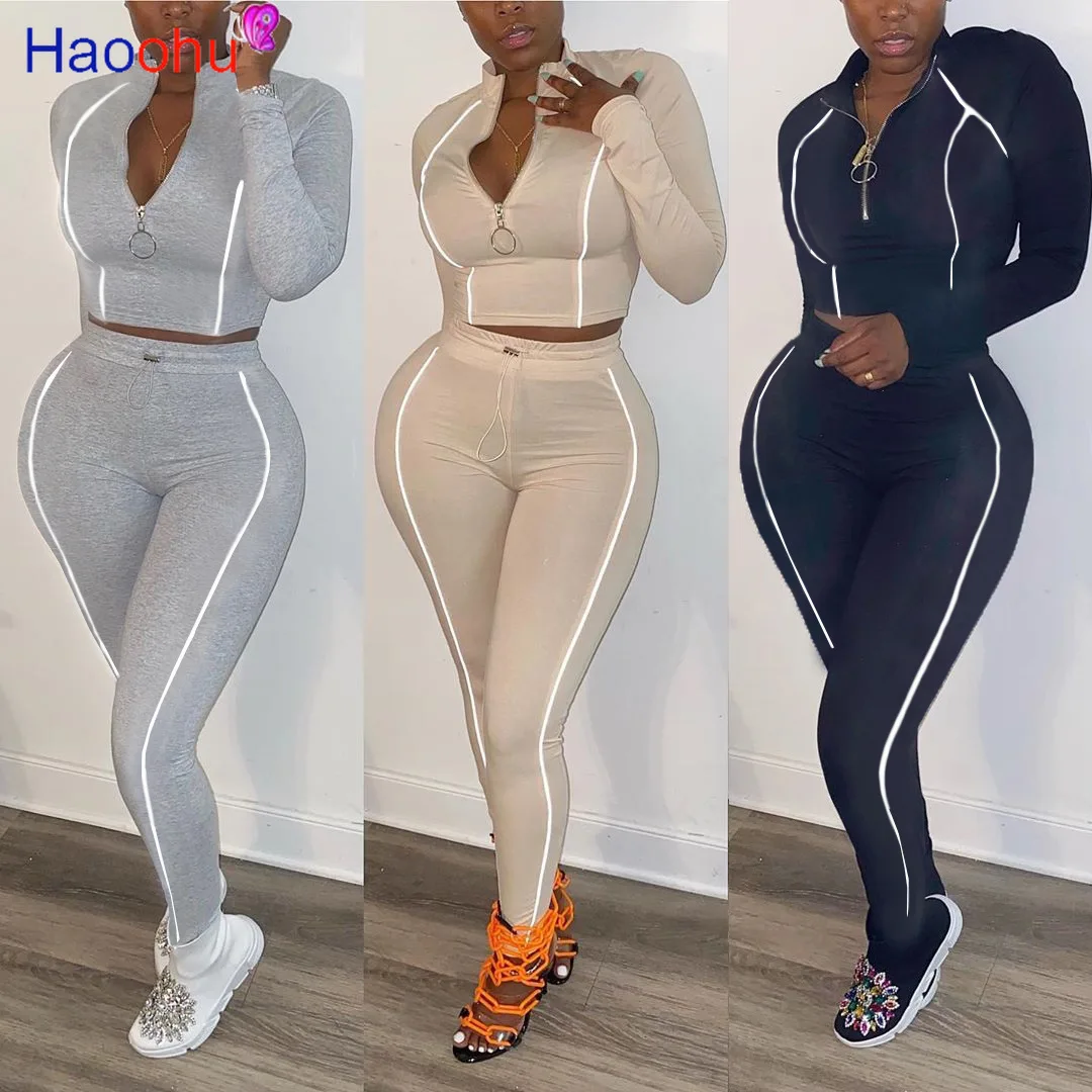 

HAOOHU Sportwear reflective stripe Women's Set Two Piece Set Crop Tops Jogger Pants Suit Tracksuit Matching Set Casual Outfit