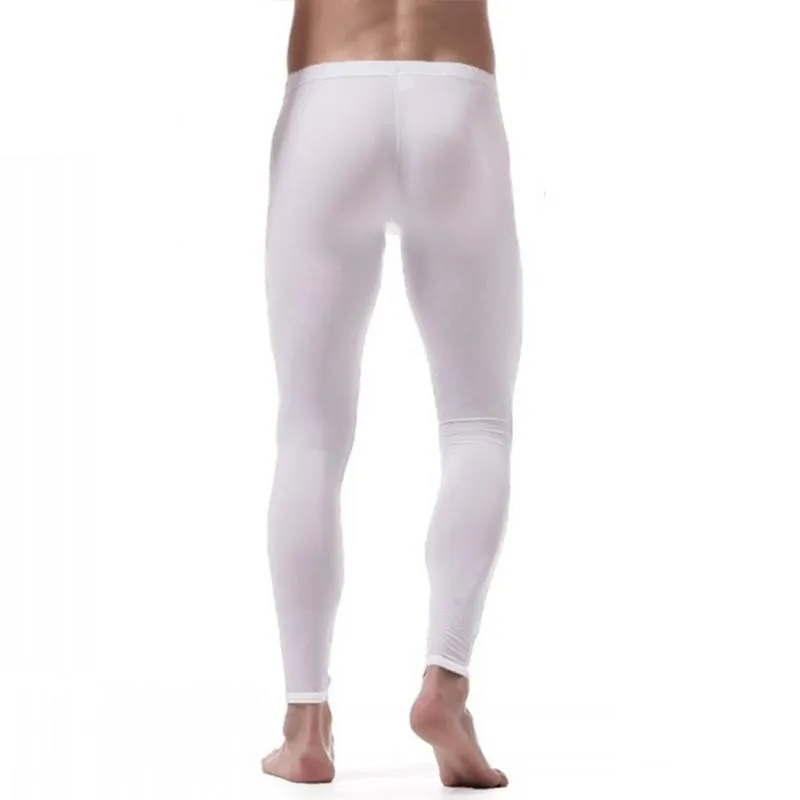 Ice Silk Trousers Men Sexy Nylon Transparent Long Skin-friendly Silk Pouch Sheer Spandex Lounge Leggings Tights I5J3