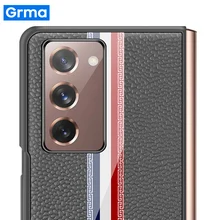 Grma Luxury Foldable Real Genuine Leather Acrylic Cover For Samsung Galaxy Z Fold2 Fold 2 Folder 2 5G Case Front and Back Case