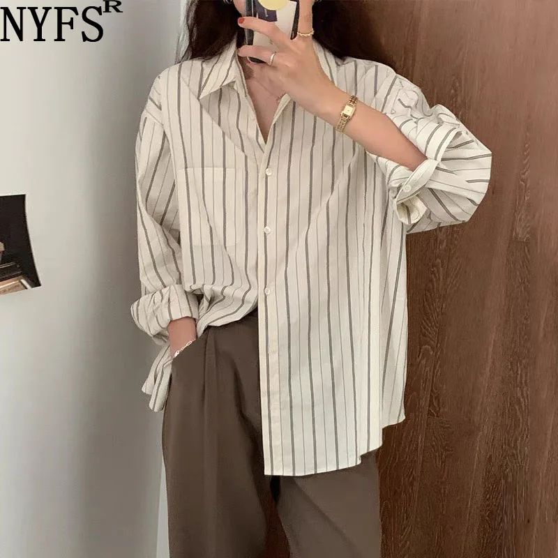 

NYFS 2021 Autumn Korea Woman Blouses Long Shirts Single Breasted Stripe Temperament Shirt Women large Size Blouse