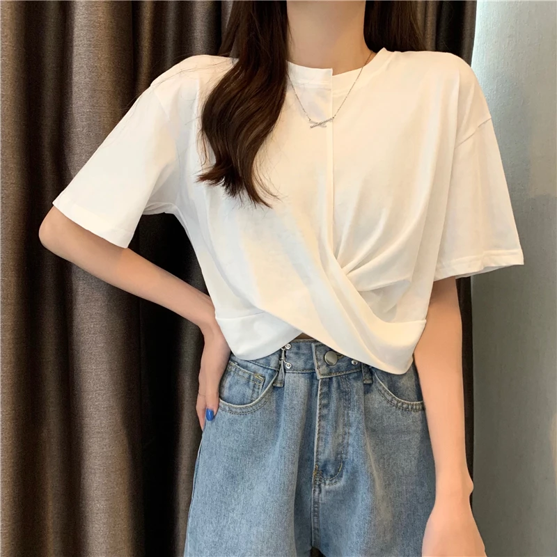 Хлопковая белая пикантная туника с перекрестными полосками тонкий укороченный