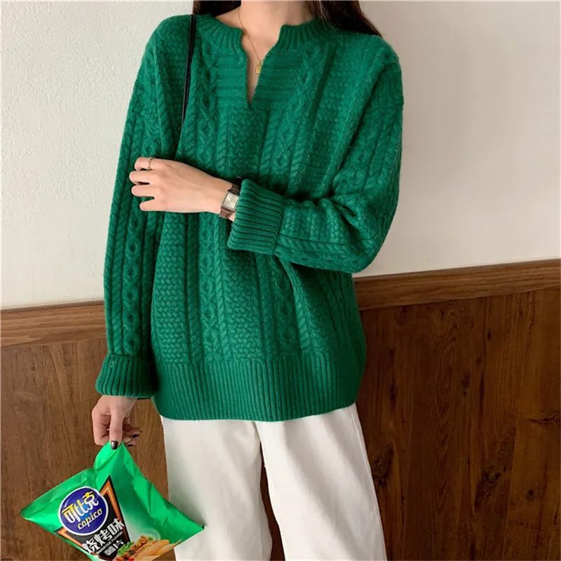

Hzirip Women Knitted Sweater 2021 Autumn New Female Pullover Tops V-Neck Solid Concise Twist Elegant Loose Office Lady Casual