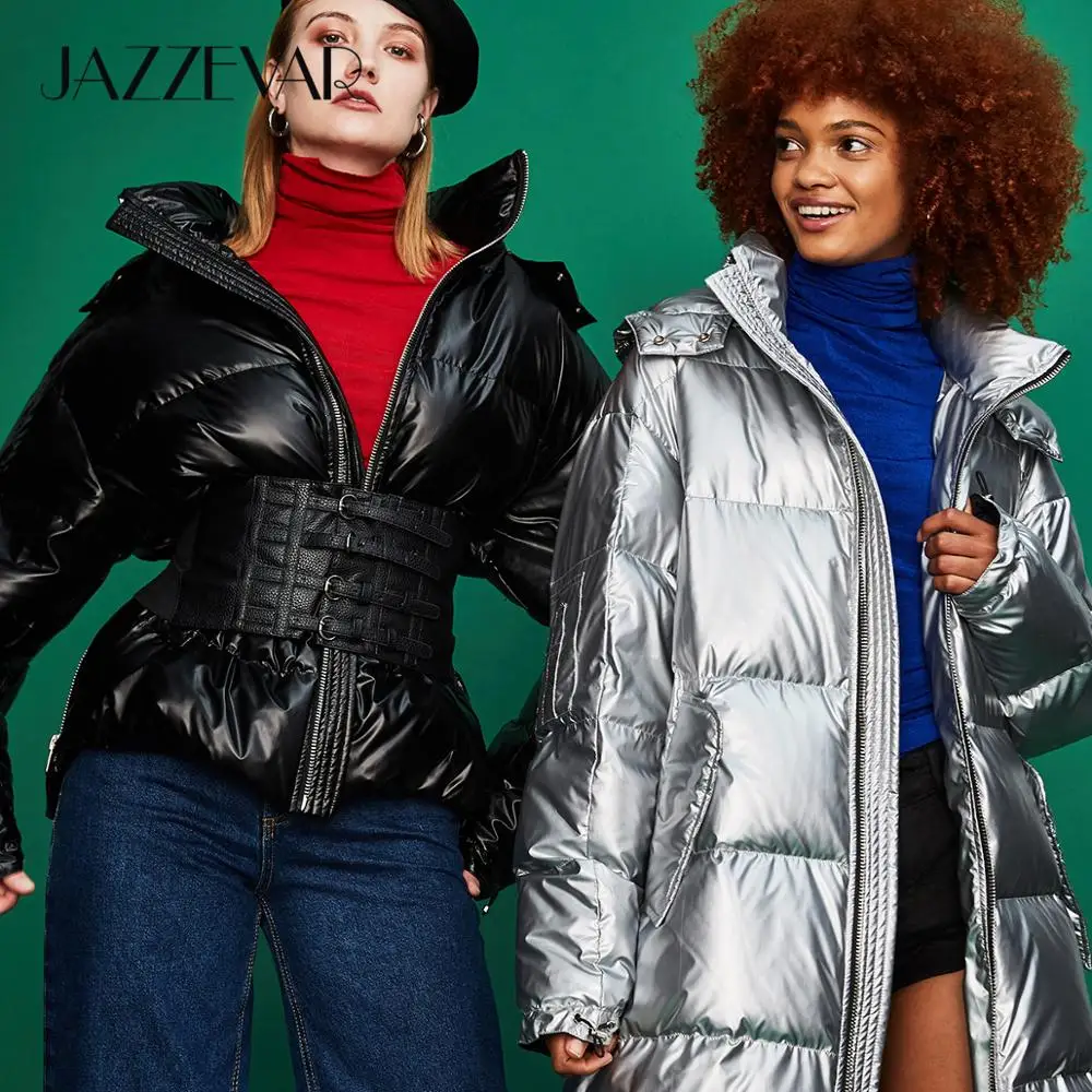 JAZZEVAR 2019 Новинка Зимние женские модные уличные длинные пуховики серебристого