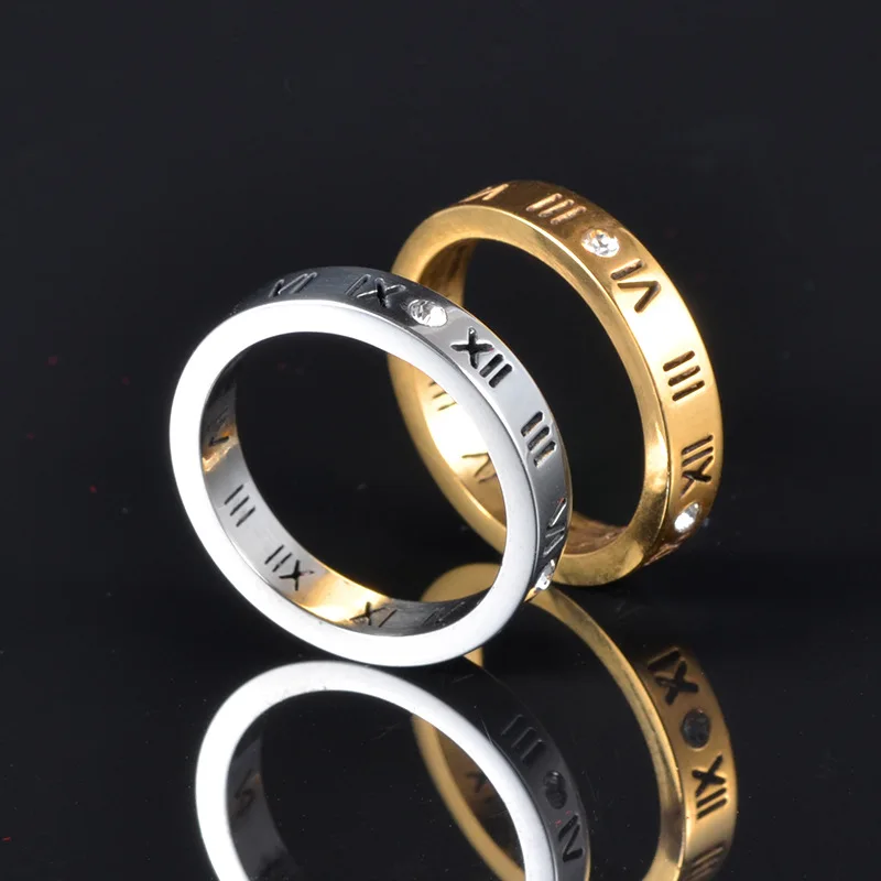 

Titanium Steel Diamond Ring Roman Numeral Hollow Rose Gold Couple Matching Hand Jewelry Wholesale Items for Business In Bulk Buy