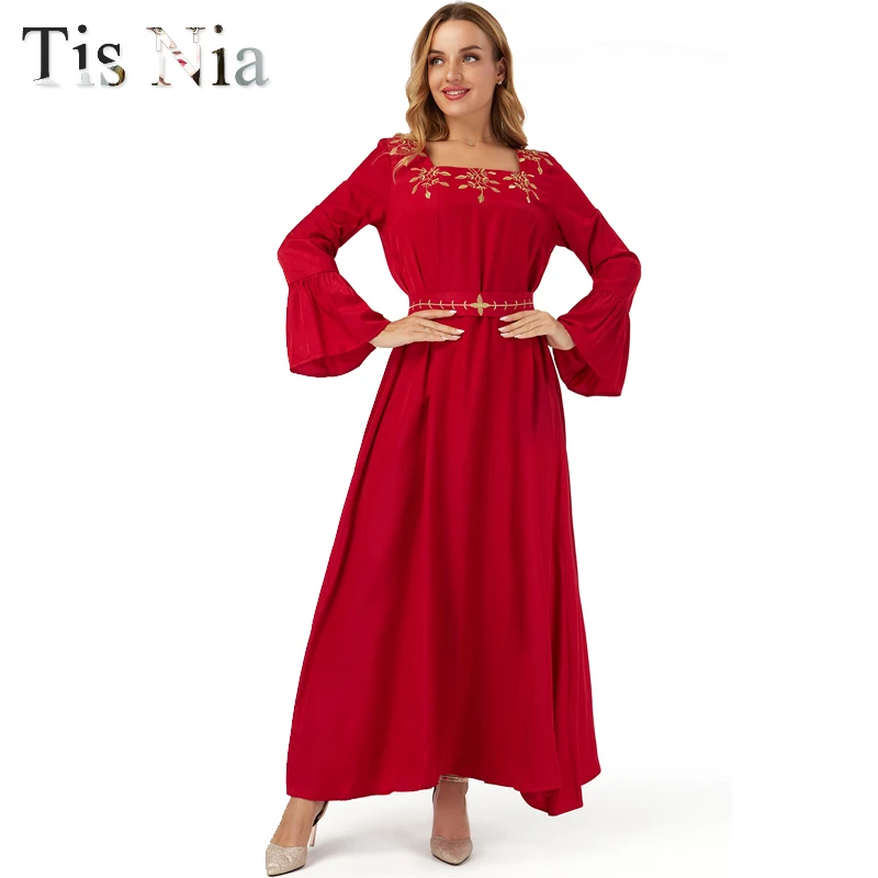 

Embroidered Dress Eid Mubarak Abaya Dubai Muslim Turkish Kaftan Costume Arabian Trumpet Sleeve Abayas New Arrival Women's Red