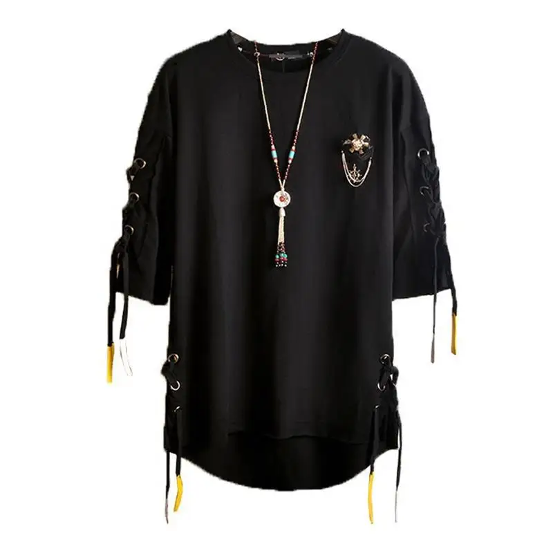 Idopy Korean Fashion Men`s Street Style Lace Punk Gothic Pullover Designer Steampunk Hem Hip Hop Sweatshirts Shirts Tees