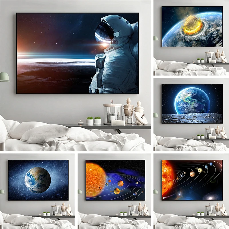 

HD Print Galaxy Stars Poster Astronaut Planet Hole Space Canvas Painting Prins Universe Earth Wall Art Pictures for Living Room