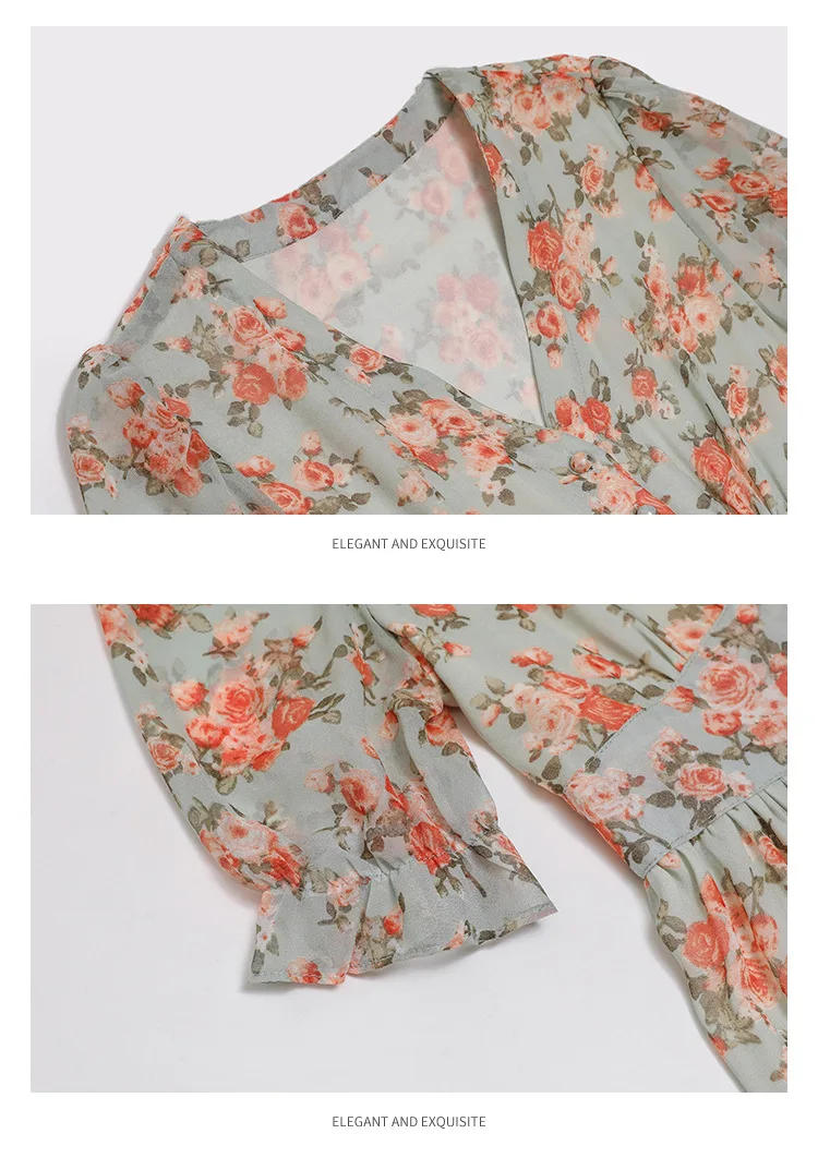 

Real shot 2021 summer new chiffon super long dress V-neck short sleeve big pendulum fairy temperament floral and ankle dress