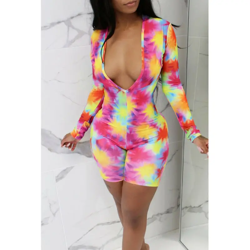 

New Women Deep V-Neck Long Sleeve Spring Playsuit Bodycon Party Multicoloured Short Jumpsuit Romper