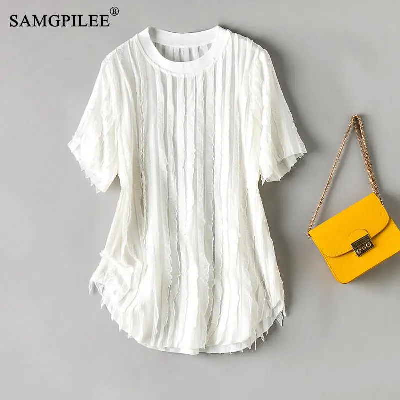 

Summer Tshirts For Women 2022 New Korean Style Casual Broadcloth Short Sleeve Tassel Solid O-neck Oversized T Shirts