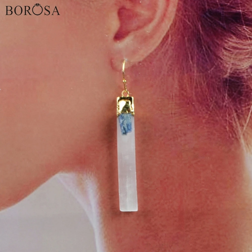 

BOROSA Natural Selenite Druzy Quartz Earrings with Kyanite Rectangle Crystal Quartz Long Dangle Earrings for Women G1870