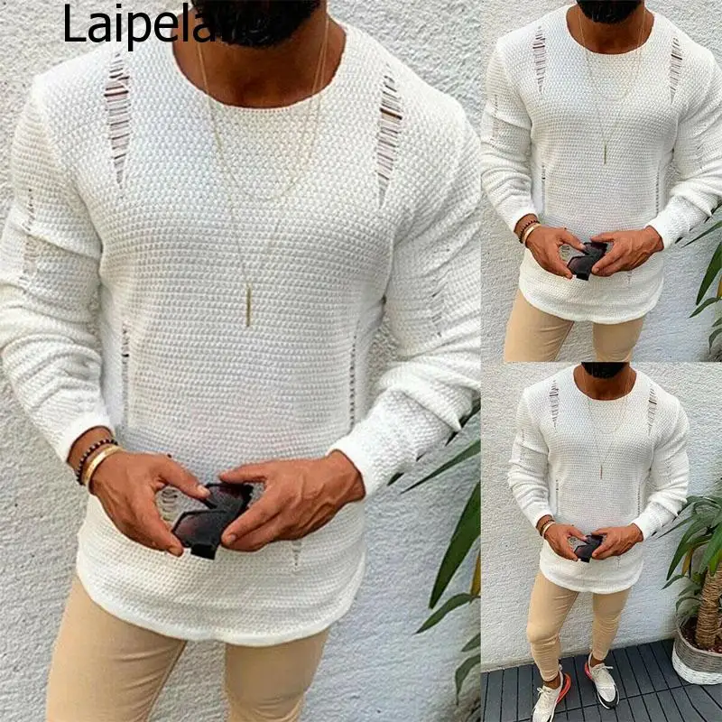 

Men Ripped Sweater Cotton Soft Male Winter Warm Knit Clothes Casual Cool Pullover O-Neck Long Sleeve Men Ripped Sweater