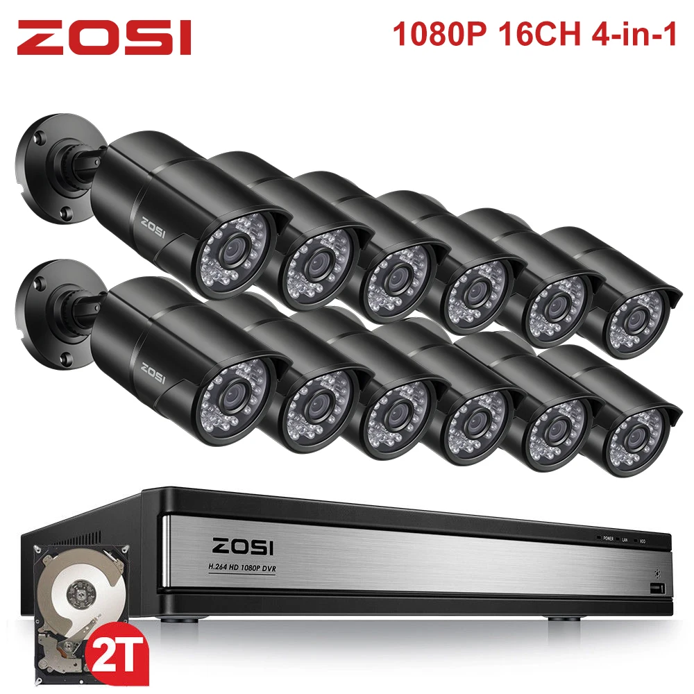ZOSI 16CH 1080 P 2MP водонепроницаемый Indoor/Outdoor удаленного просмотра товары теле и видеонаблюдения безопасности системы с 12 цилиндрическая камера DVR комплект
