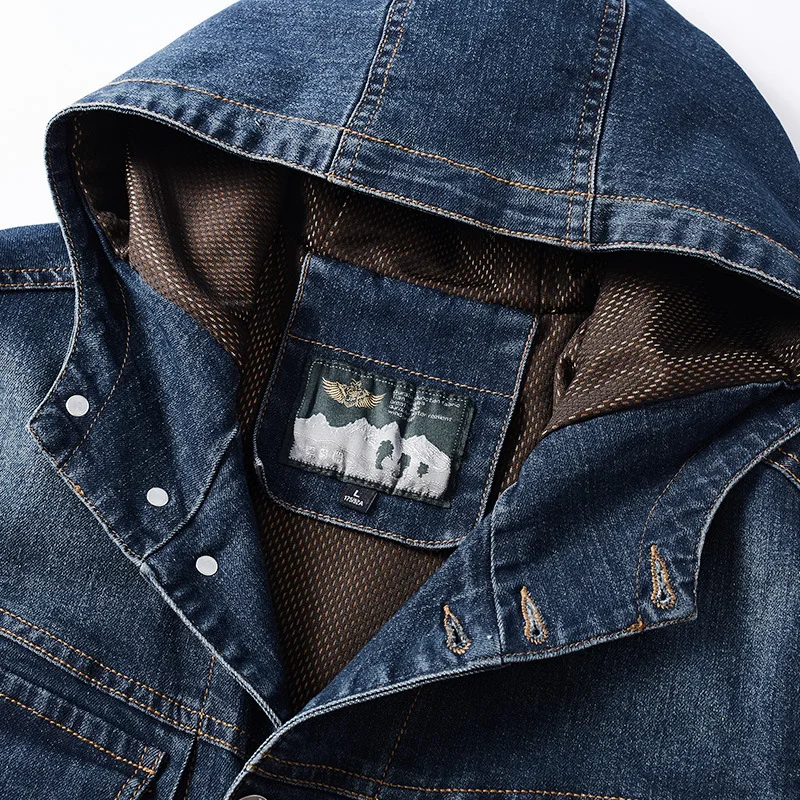 

Spring Autumn Denim Jacket Men Casual Hooded Single Breasted Mesh Liner Jeans Jacket Men Plus Size M-4XL Windbreaker Denim Coat