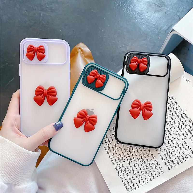 

Cute 3D Bow Slide Phone Case For iPhone 12 Pro Max 11 XR XS X SE20 8 7 6Plus Bowknot Camera Lens Protection Hard PC Cover Shell