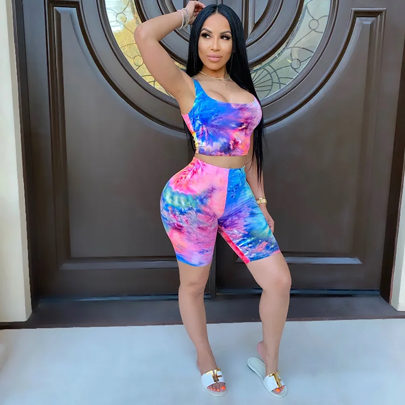 

Женский комплект спортивной одежды с галстуком-краской, сексуальный укороченный топ на бретелях + облегающие байкерские шорты до колена с в...