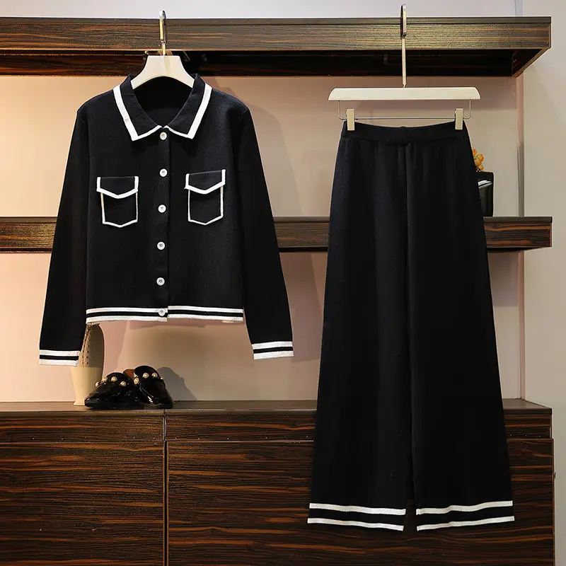 

Женская одежда больших размеров, новинка 2020, Осенние вязаные брюки с широкими штанинами, темпераментный комплект из двух предметов, Повседн...