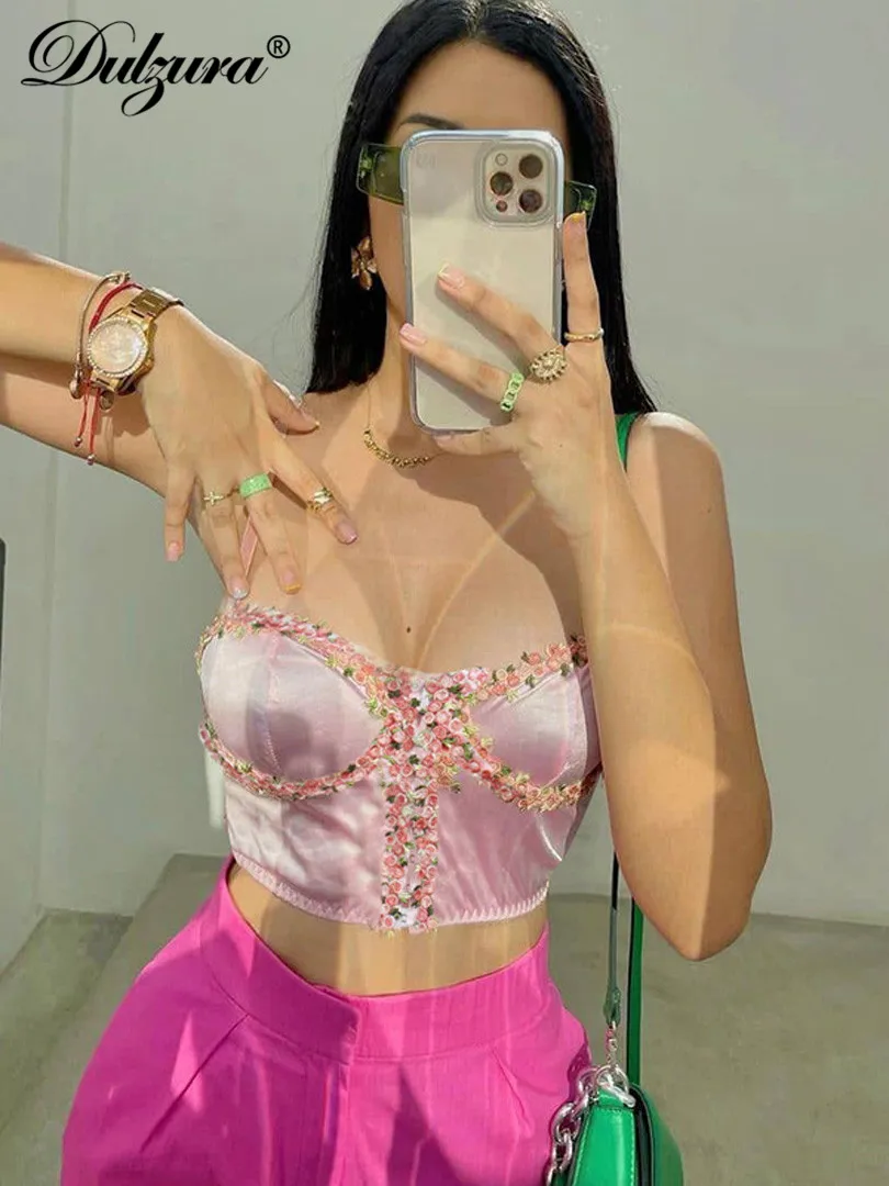 

Женские атласные топики на бретелях Dulzura, с цветочным узором, в стиле пэчворк, обтягивающие, сексуальные, вечерние, Клубные, праздничные, 2022, ...