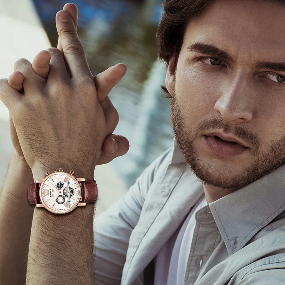 

BINSSAW Men Automatic Mechanical Watch Tourbillon Leather Fashion & Casual Luxury Brand Week Self-Wind Watches relogio masculino