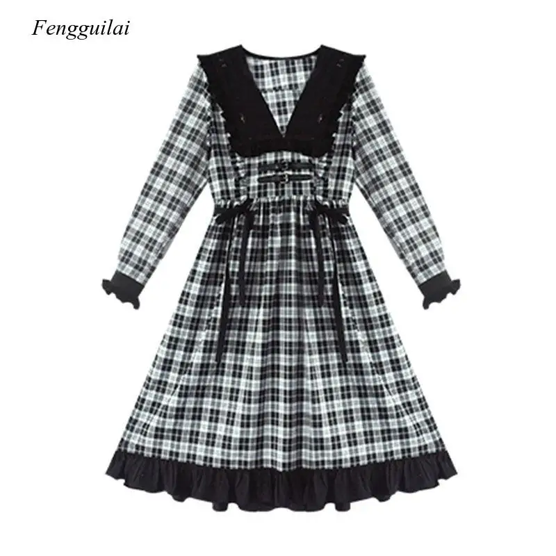 

Lolita Dress Goth Plaid Women Kawaii Midi Ruffle Long Sleeve Dress for Girls Casual Sweet Patchwork Vestido