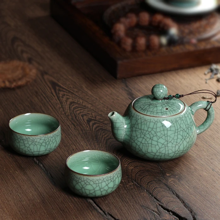 

WIZAMONY 3 Piece Set Top Grade Chinese Longquan Celadon Di Kiln Handcrafted Gift Package Porcelain Kungfu Tea Set High Quality