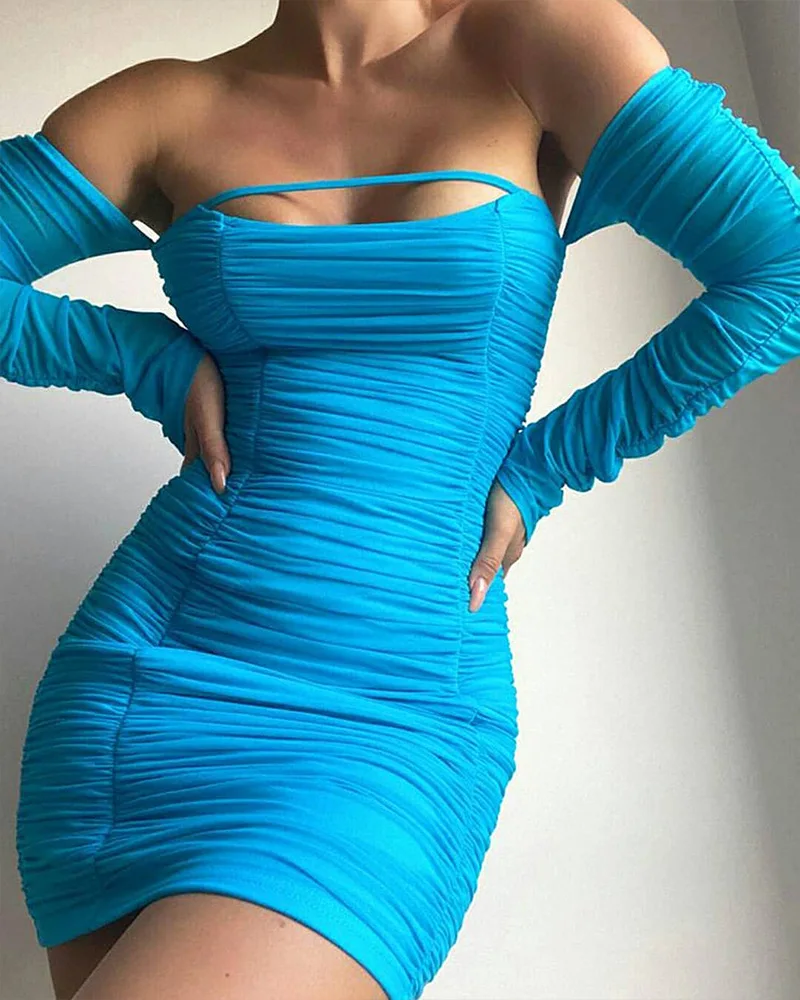 

autumn women's mini dress 2021 new Off Shoulder Long Sleeve Ruched Zipper Design sexy Bodycon Dress