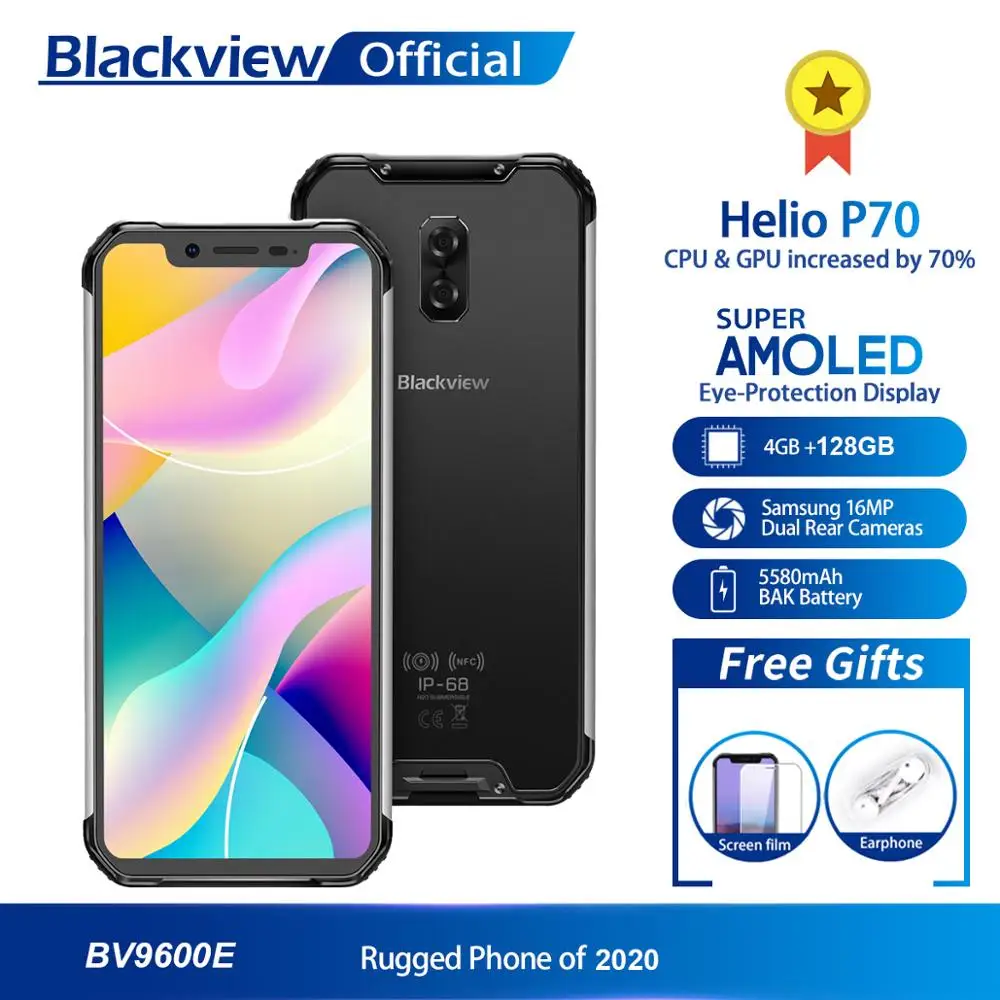 

Blackview BV9600E New Waterproof Mobile Phone Helio P70 Android 9.0 4GB RAM 128GB ROM 6.21" AMOLED 5580mAh Rugged Smartphone