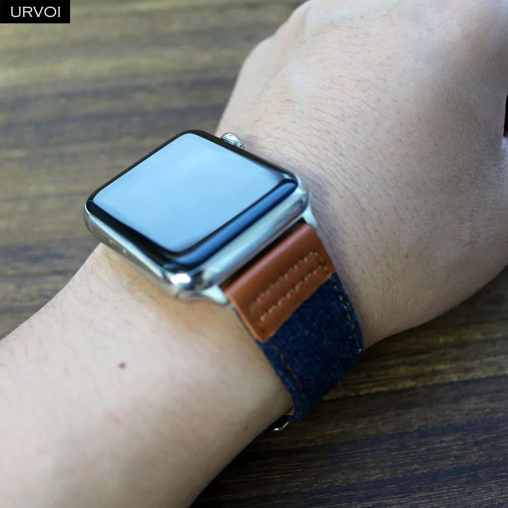 URVOI джинсовая лента для Apple Watch 5 4 3 2 1 кожа с джинсовым ремешком для iwatch полотно холста 40 мм 44 мм Прочный с адаптером