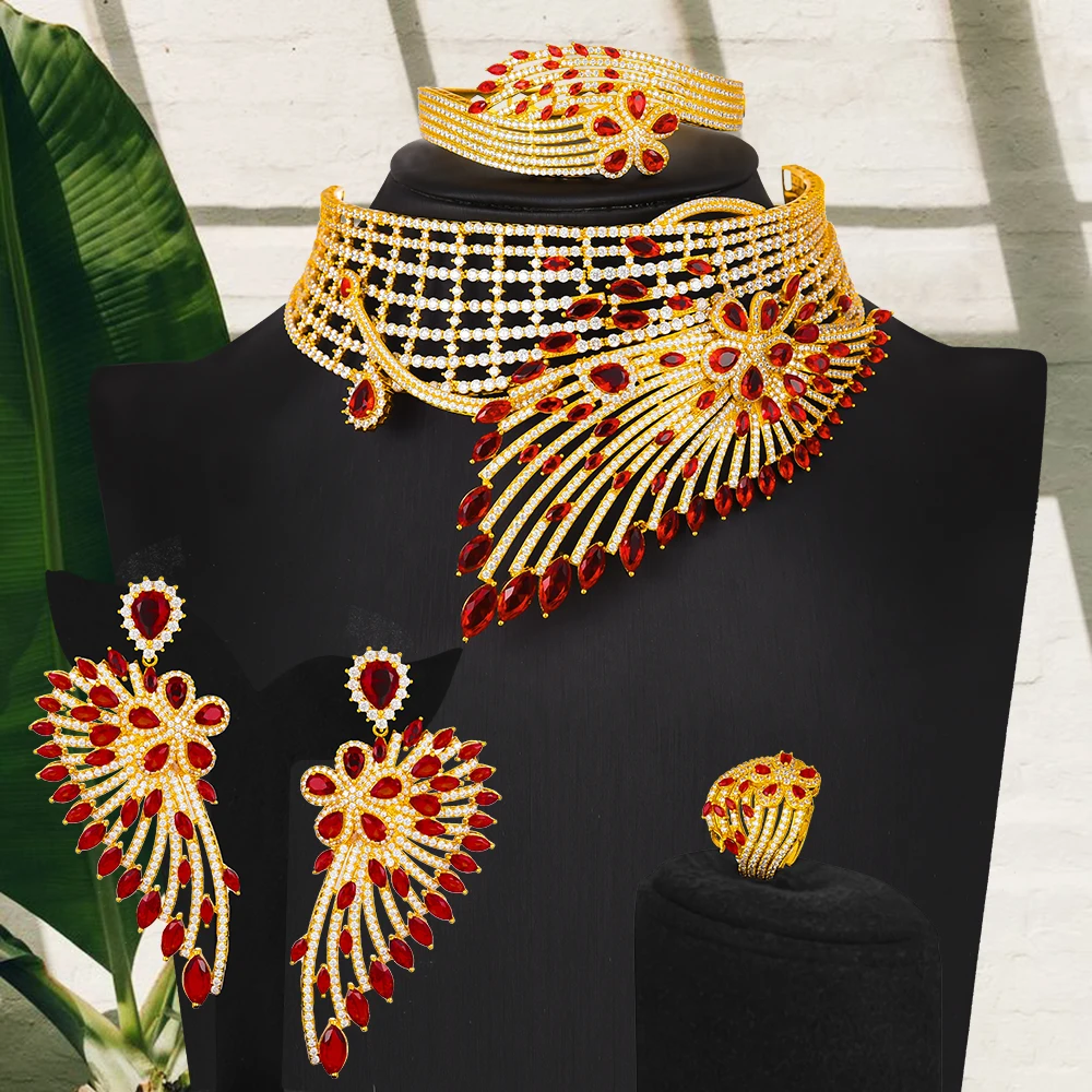 Miglior GODKI Set Di Gioielli Girocolli Di Piume Africane Di Lusso Per Donne Matrimonio Cubic Zirconia CZ Dubai Set Di Gioielli Da Sposa Regalo Da Ballo