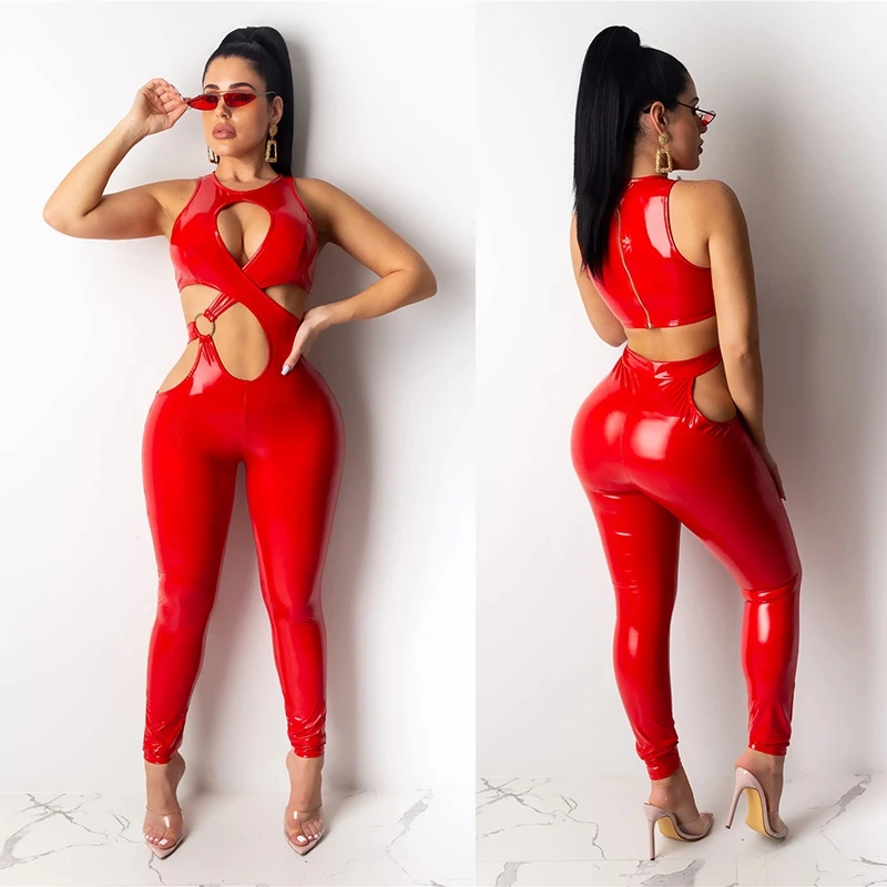 Сексуальный полый комбинезон женский черный из искусственной кожи Облегающий на