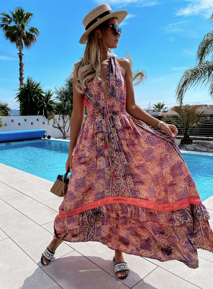 Robe Imprimée féminine Sexy V-cou Creux Dos Nu Spaghetti Sangle Licou Volanté à lacets robe Dames Plage Décontracté Vacances