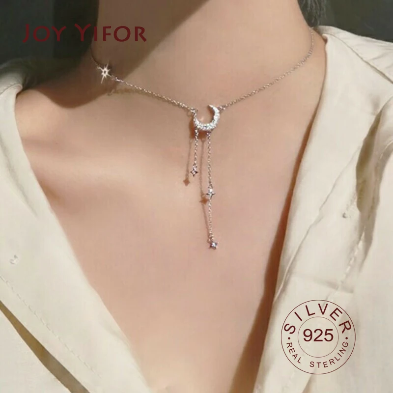 

Real 925 Sterling Silver Geometric moon tassel Choker Necklace For Fashion Women Minimalist Fine Jewelry Cute Accessories