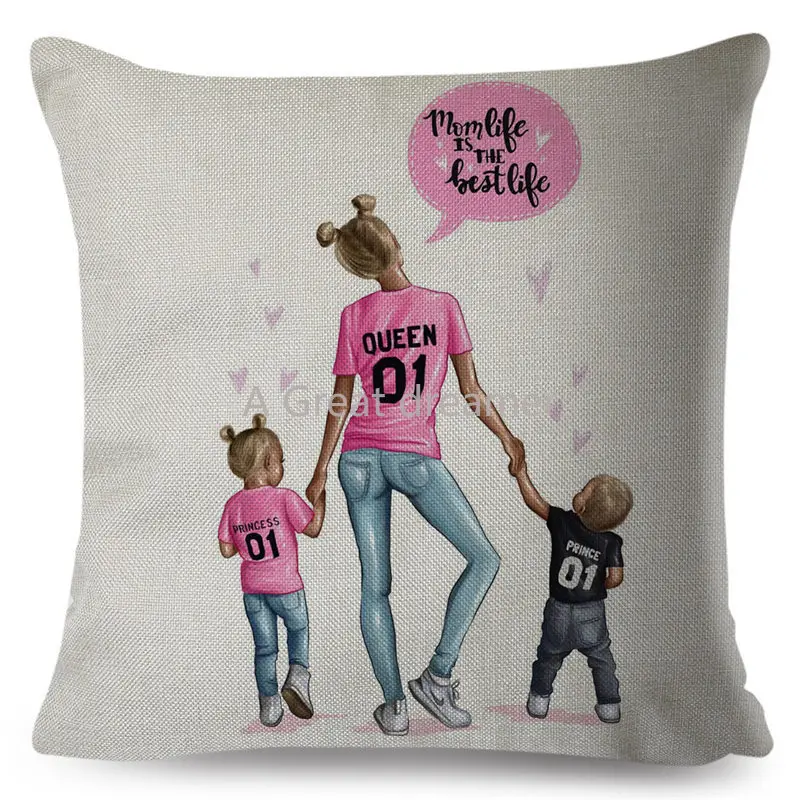 

Fashion Cartoon Cushion Cover Linen Decor Mom And Baby Pillow Case For Sofa Home Girls Pillowcase 45*45cm Family Gift Wholesale