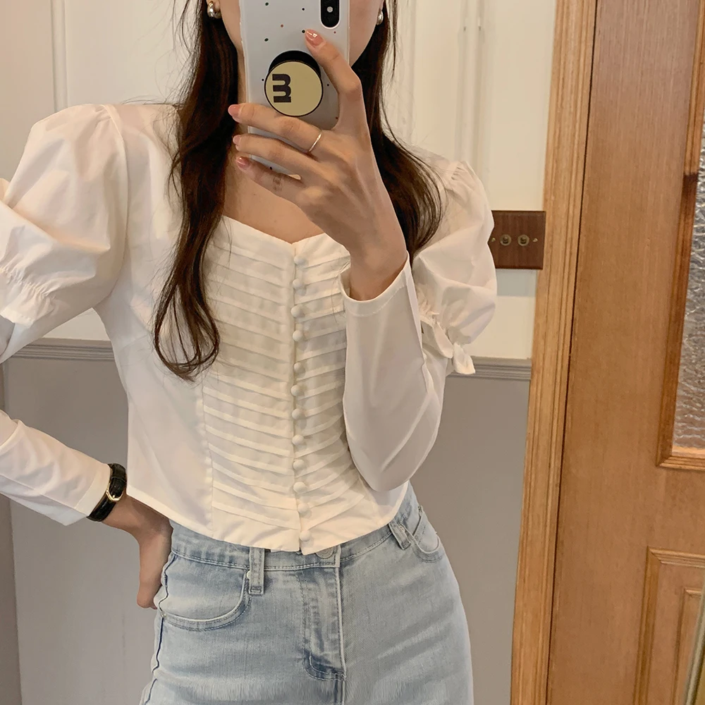 

Alien Kitty 2021 Sweet All Match Femme Casual Chic Gentle Loose Tops High Waist Lady Vintage Solid Summer Full Sleeves Shirts