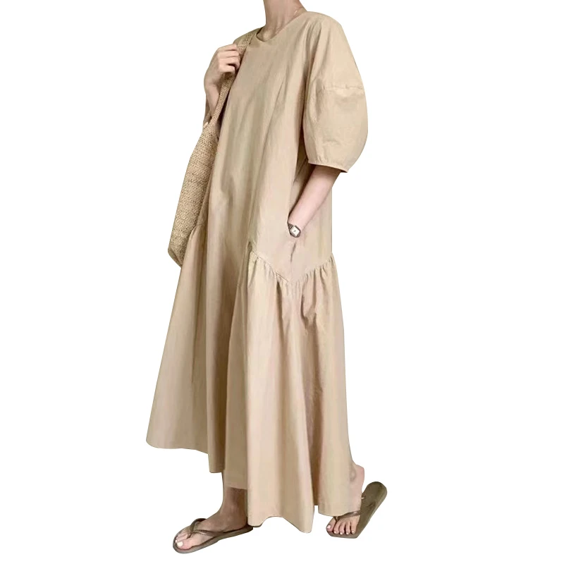 

White Casual Dress For Women O Neck Puff Half Sleeve Pockets Loose Solid Ankle Length Dresses Female Summer 2021 Clothes