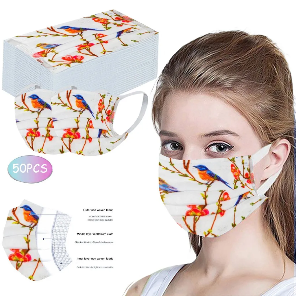 

13 Styles 50pcs Mask Animal And Plant Printing Disposable Unisex White Soft Masks For Adults 3-layer Mouth Masks Mascarilla