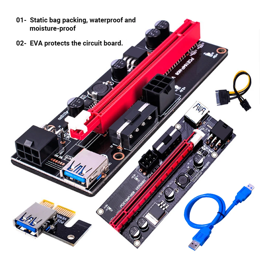 

Райзер-карта PCI-E, 1X до 16X, USB 3,0, 4 контакта, 6 контактов