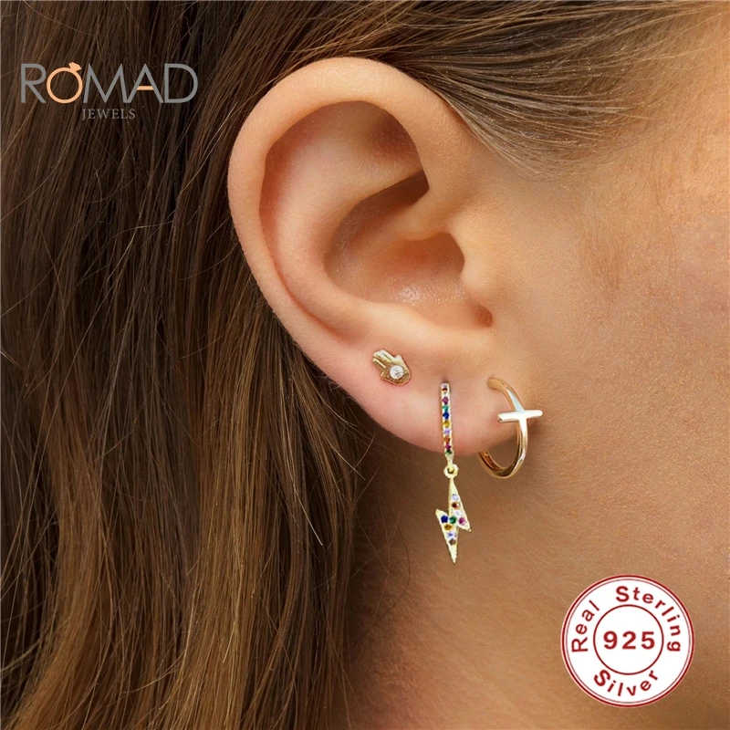 

ROMAD 925 Sterling Silver Open Cross Earrings For Women Simple Fashion Small Piercing Stud Earrings Set Joyero Aretes De Mujer