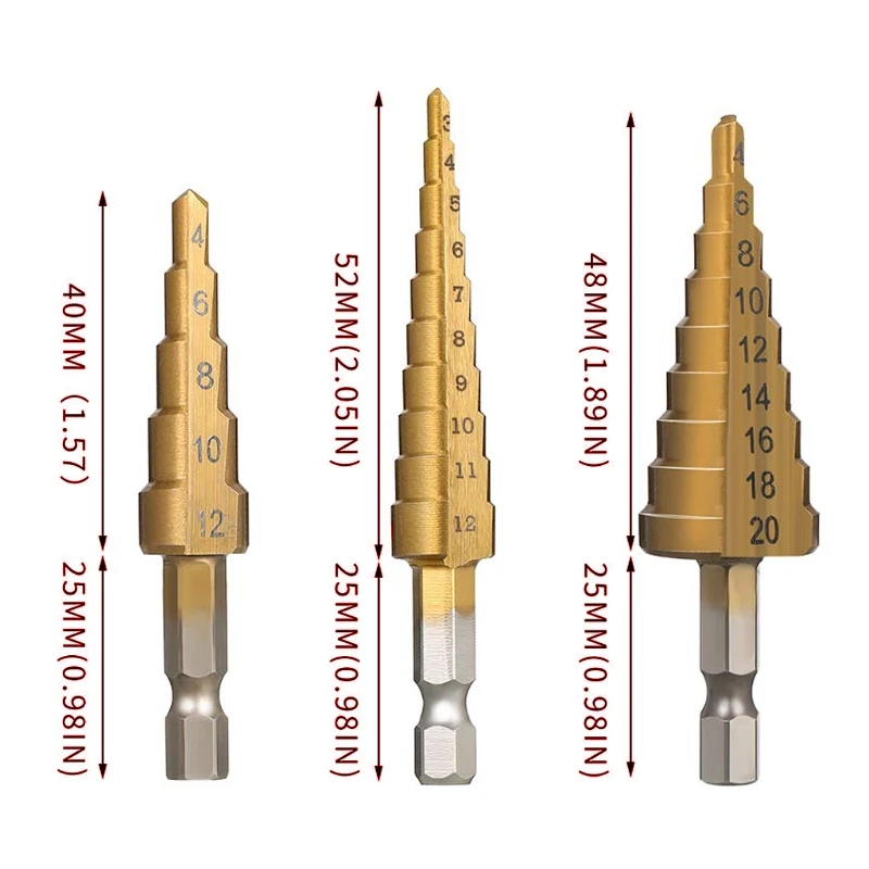 

4Pcs Step Drill Titanium Plated Pagoda Drill Reaming Drill 4-12mm 3-12mm 4-20mm Hexagonal Shank Straight Flute
