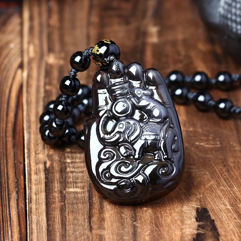 Натуральный черный обсидиан бусы ожерелье ручной работы Зодиак слон крыса