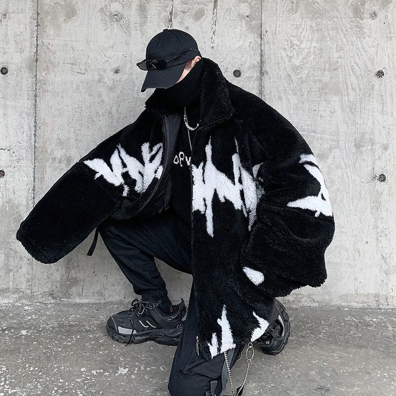 Hybskr Winter New Lamb Wool Jacket Harajuku Fashion Casual Oversize Pattern Male Thicken Warm Parkas Hip Hop Loose Coat