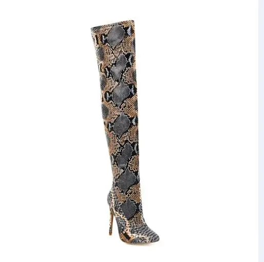 brown 2 Buono Scarpe/женские ботфорты до бедра с животным принтом пикантные ботфорты на выпускной со змеиным принтом; Botas Mujer; высокие сапоги на тонком высоком каблуке; - Цвет: brown 2