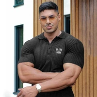running polos shirt men turn neck short sleeve knitted t shirt gym slim fit sports fitness bodybuilding workout summer clothes