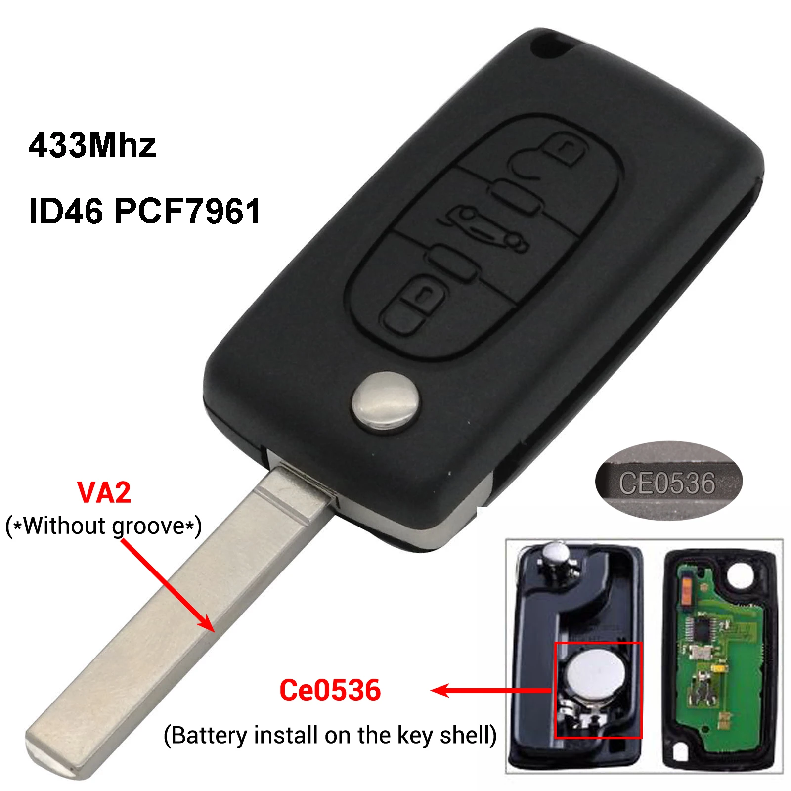 VA2 Ce0536 3 кнопки для Citroen C1 C2 C3 C4 C5 Berlingo; Picasso control Alarm(CE0536 523, ASK/FSK, HU83 VA2) дистанционный ключ - Цвет: VA2 Ce0536